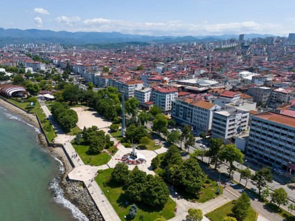 Densely built-up town with parks on the coast, surrounded by mountains and architecture with red