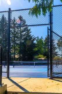 Open black metal gate of a blue pickleball court illuminated by the summer sun, inviting players to