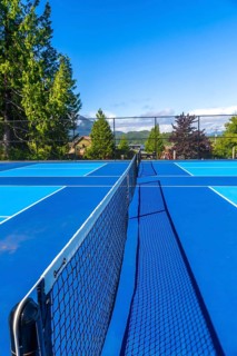 Empty pickleball court featuring a net casting shadows on the vibrant blue surface, basking in