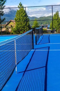 Sunlight illuminates a vibrant blue pickleball court, the net casting a distinct shadow, hinting at