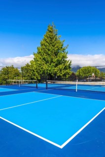 Two vibrant blue pickleball courts are bathed in sunlight on a beautiful day, complete with nets,