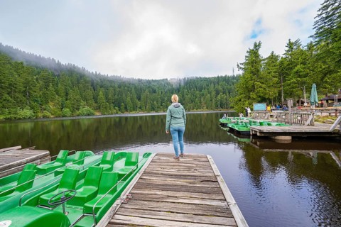 Woman on a jetty at the lake, surrounded by forest and boats under a cloudy sky, Mummelsee,