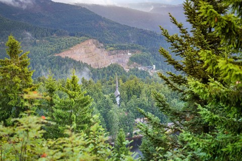 Panorama with a view of forests and mountains offering an impressive wide landscape, Mummelsee,