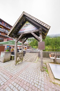 Wooden roofing at a boat hire with people and surrounding buildings, Mummelsee, Seebach, Ortenau
