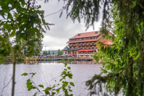 Wooden building with terrace, on the water, surrounded by forest, Mummelsee, Seebach, Ortenau