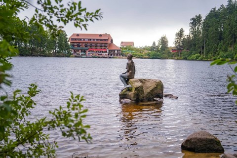 A statue sits on a rock in the lake, with a building in the background, Mummelsee, Seebach, Ortenau