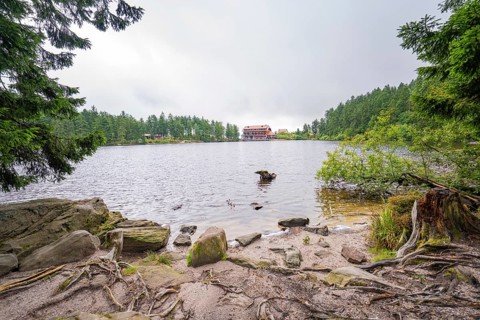 A lake with a rocky shore, a building in the background and surrounded by forest, Mummelsee,