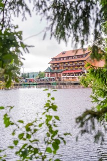 Building with terrace on a quiet lake, framed by leaves, Mummelsee, Seebach, Ortenau district,