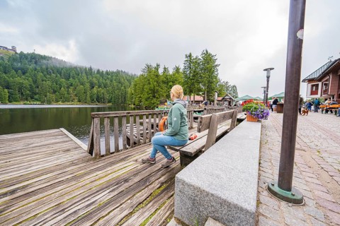 Woman on a bench next to a lake and flowers on a wooden footbridge, Mummelsee, Seebach, Ortenau