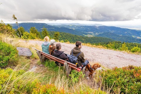 Group on a bench marvelling at the panorama over the mountain landscape with clouds in the sky,