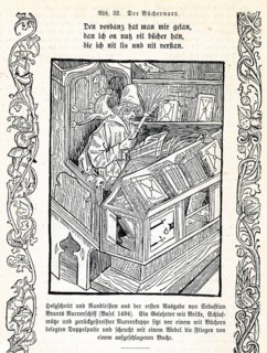 Scholar with a fool's cap and books he does not understand. Woodcut from Das Narrenschiff from