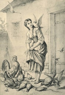 Girl feeding chickens and pigeons, A. Hendschel's sketchbook, collotype published by M. Hendschel,