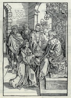 Konrad Celtes (1459-1508) presents Elector Frederick of Saxony with the works of Roswitha, from