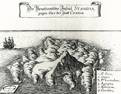 Engraving, The island of Spina Longa, Crete, Greece, place of internment of the Bavarian relief