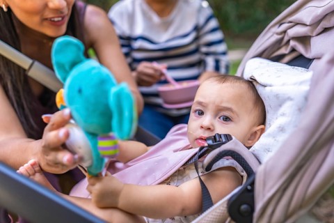 Mother showing a stuffed toy to her baby daughter sitting in a stroller, while grandmother is