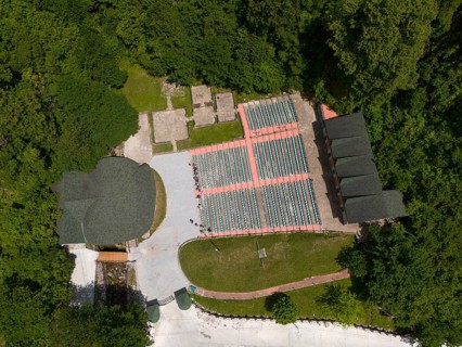 A bird's eye view of an amphitheatre with seats embedded in a wooded landscape, aerial view, Green