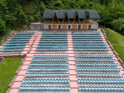 An amphitheatre with many rows of seats and a covered stage against a wooded backdrop, aerial view,