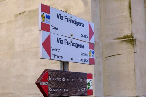 Hiking trail sign Via Francigena, Castel Gandolfo, Albano, Alban Hills, Colli Albani, Lazio, Italy