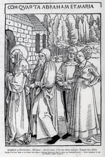 Abraham has visited his niece and leads her back to godliness, woodcut 1501, from Könnecke