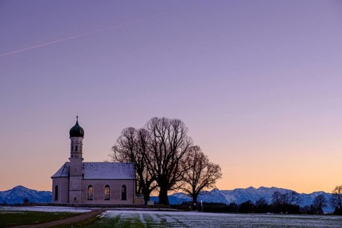 Church of St Andrä near Etting in the evening light, Pfaffenwinkel, Alpine foothills, Upper