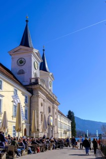 Tegernsee Monastery Church, with Bräustüberl, at Tegernsee, Upper Bavaria, Bavaria, Germany
