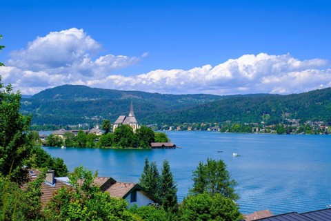 Maria Wörth pilgrimage church, on the southern shore of Lake Lake Wörth, Carinthia, Austria