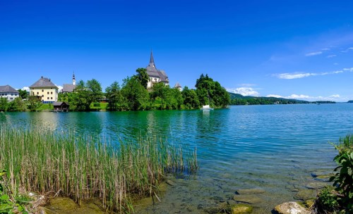 Maria Wörth pilgrimage church, on the southern shore of Lake Lake Wörth, Carinthia, Austria
