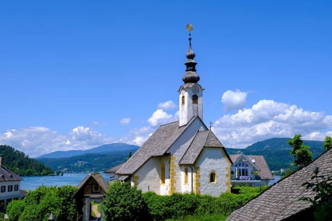 Rosenkranzkirche, pilgrimage church Maria Wörth, on Lake Lake Wörth, southern shore, Carinthia,