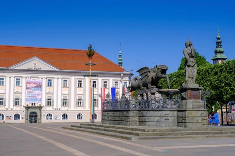 Lindwurmbrunnen and town hall, Neuer Platz, Klagenfurt, Carinthia, Austria