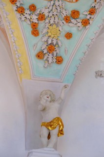 Stucco, flowers, putti, St Kilian's parish church, Bad Heilbrunn, Upper Bavaria, Bavaria, Germany