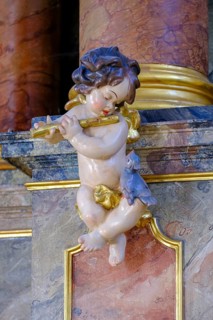 Angel, putto, cherub, playing music, St Kilian's parish church, Bad Heilbrunn, Upper Bavaria,