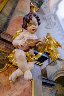 Angel, putto, cherub, playing music, St Kilian's parish church, Bad Heilbrunn, Upper Bavaria,