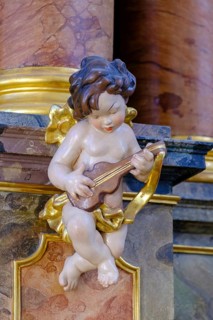 Angel, putto, cherub, playing music, St Kilian's parish church, Bad Heilbrunn, Upper Bavaria,