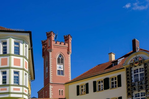 District court with glockenspiel and town tower, town square, Furth im Wald, Bavarian Forest, Upper