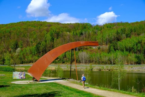 Iron bridge sculpture, viewpoint, Drachensee, Furth im Wald, Bavarian Forest, Upper Palatinate,
