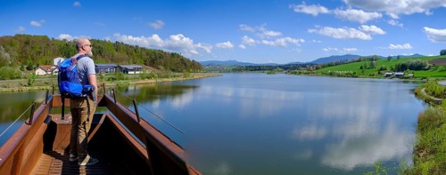 Iron bridge sculpture, viewpoint, Drachensee, Furth im Wald, Bavarian Forest, Upper Palatinate,