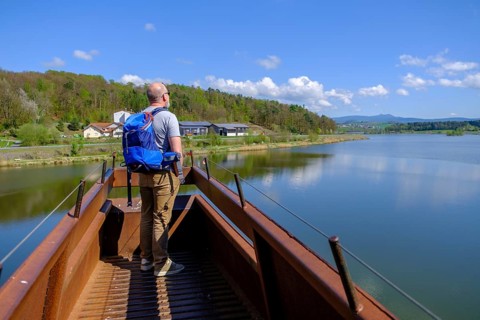 Iron bridge sculpture, viewpoint, Drachensee, Furth im Wald, Bavarian Forest, Upper Palatinate,