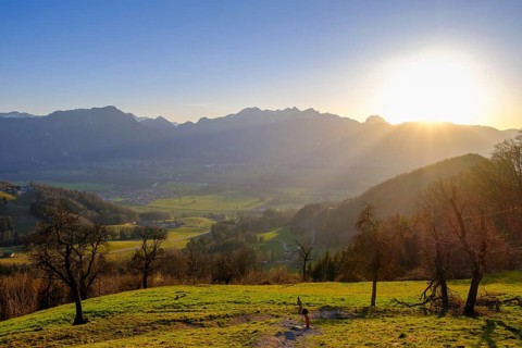 View from the Dandlbergalm, Roßholzen, Samerberg, Inntal, Upper Bavaria, Bavaria, Germany