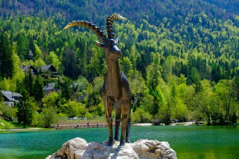 Ibex sculpture at Jasna Lake in Triglav National Park, Kranjska Gora, Upper Carniola, Julian Alps,