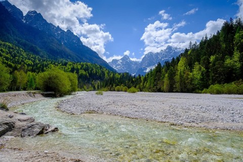 Pisnica stream at Jasna Lake in Triglav National Park, Kranjska Gora, Upper Carniola, Julian Alps,