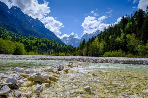 Pisnica stream at Jasna Lake in Triglav National Park, Kranjska Gora, Upper Carniola, Julian Alps,