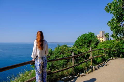 Hikers on the Rilke path at Duino Castle, Castello di Duino Duino, Friuli-Venezia Giulia, Italy