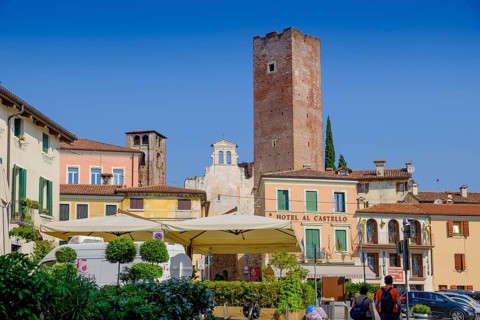 Via Lazzaro Bonamigo, with Castello, Bassano del Grappa, Veneto, Italy