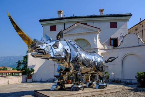 King Kong Rhino, silver rhinoceros, by Li-Jen Shih, at Palazzo Sturm, Bassano del Grappa, Veneto,