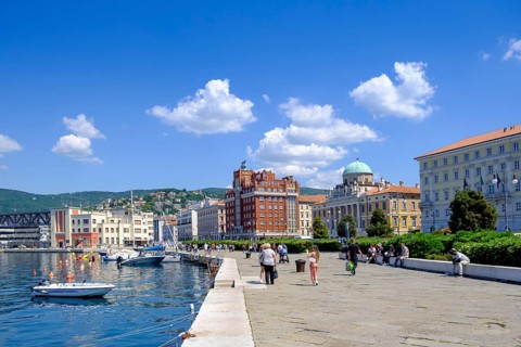 Riva del Mandracchio, waterfront promenade with old town centre, Trieste, Adriatic Sea,