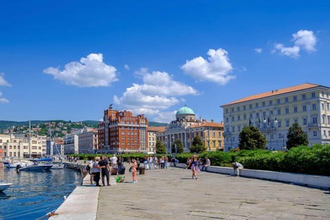 Riva del Mandracchio, waterfront promenade with old town centre, Trieste, Adriatic Sea,