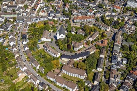 Aerial view, residential area Graf-von-Galen-Straße and cath. Church Maria Königin, Lüdenscheid