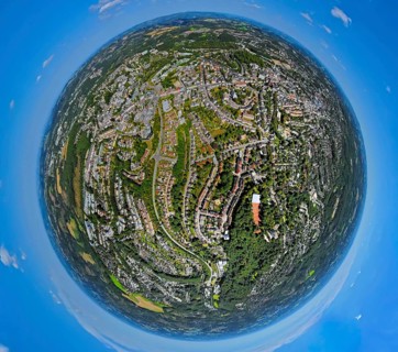 Aerial view, city centre view, park and residential area Im Winkel, earth globe, fisheye shot,