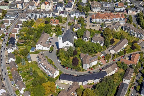 Aerial view, residential area Graf-von-Galen-Straße and cath. Church Maria Königin, Lüdenscheid