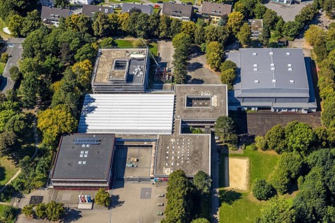 Aerial photo, Bergstadt Gymnasium and sports facility Honsel football stadium, Lüdenscheid town,